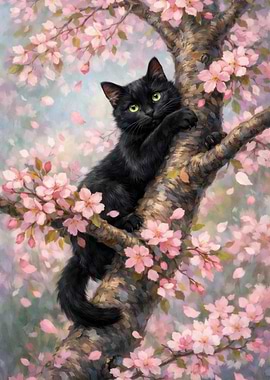 Black Cat in Cherry Blossoms