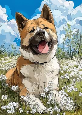Akita Dog in a Field of Flowers