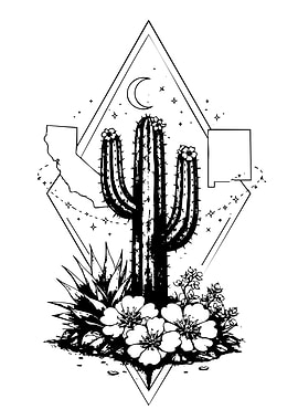Desert Night Scene with Cactus and State Silhouettes