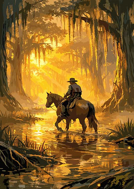 Cowboy riding a horse through a swamp
