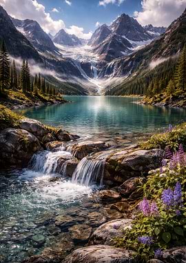 Mountain Lake with Waterfall