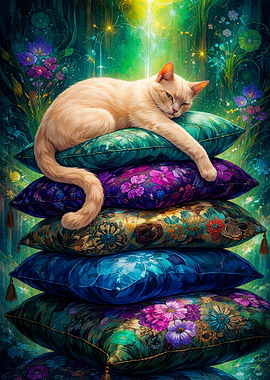 Cat Resting on Stack of Pillows