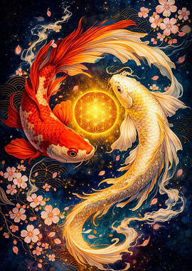 Yin Yang Koi Fish and Flower of Life