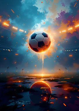 Soccer ball in a fiery sky