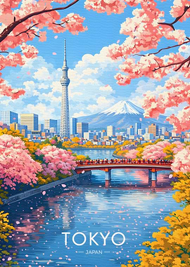 Tokyo cityscape with cherry blossoms