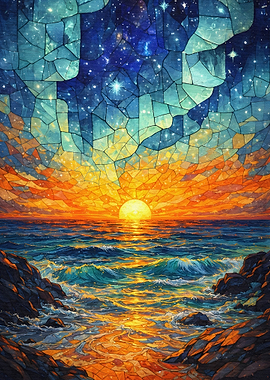 Stained Glass Sunset Over Ocean