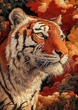 Tiger Portrait with Fiery Background