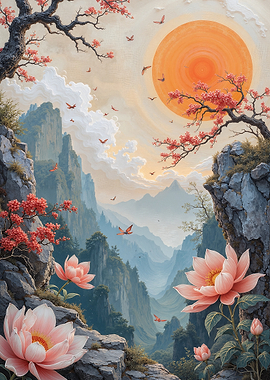 Serene Mountain Landscape with Cherry Blossoms