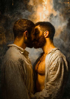 Two Bearded Men Romantically Embracing