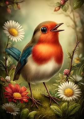 Red Robin Bird Singing Among Flowers