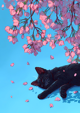 Black cat sleeping under cherry blossoms