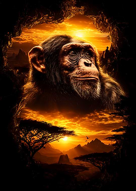 Chimpanzee in African Sunset