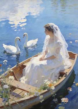 Bride in a rowboat with swans