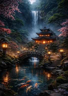 Japanese Garden with Waterfall and Temple