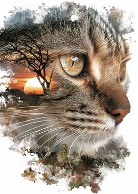 Double Exposure Cat and African Sunset