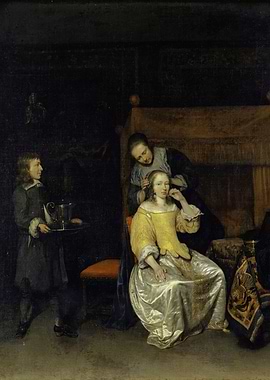 Woman getting hair styled by maid