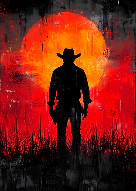 Cowboy Silhouette Against Red Sun