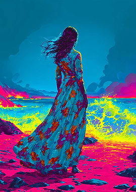 Vibrant Neon Ocean Woman Painting