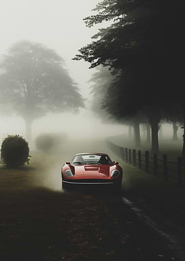 Red vintage car in fog
