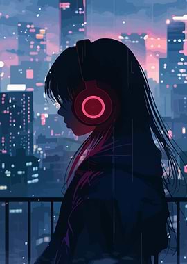 Girl with headphones in rainy city