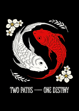 Yin Yang Koi Fish with Flowers
