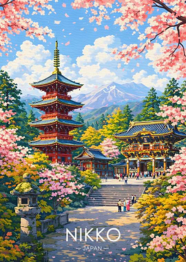 Nikko Japan Pagoda and Cherry Blossoms