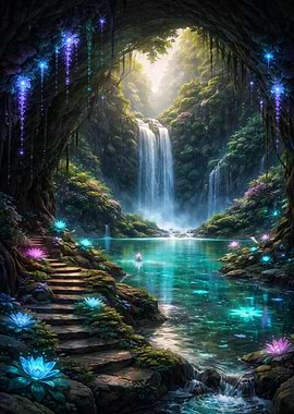 Waterfall Cave with Glowing Flowers