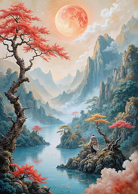 Serene Mountain Landscape with Red Moon