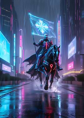 Cyberpunk Knight on Horse with Flag