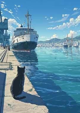 Cat watching a ferry in a harbor