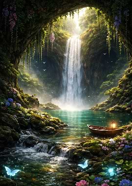 Waterfall Grotto with Boat
