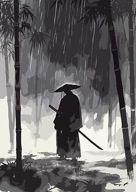 Samurai in the Rain Ink Painting