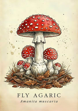 Fly Agaric Art - Amanita Muscaria Mushroom Botanical Illustration - Vintage Watercolor Fungi Wall Decor