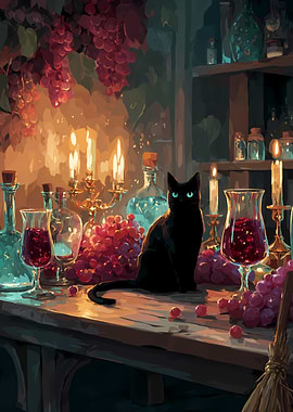 Black Cat with Grapes and Wine