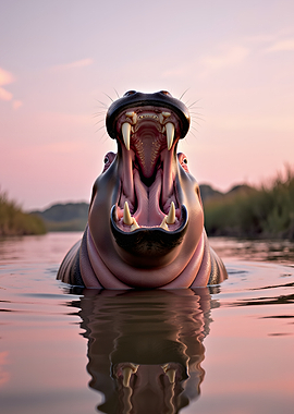 Hippopotamus yawning in water