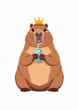 Cute Capybara King Drinking Juice – Kawaii Crown Animal Minimalist Cartoon Wall Art