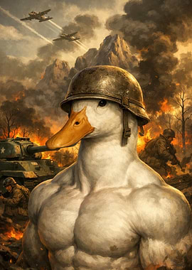 Muscular Duck Soldier in War Scene