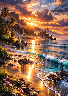 Tropical Beach Sunset with Mountains