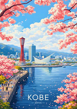 Kobe Cityscape with Cherry Blossoms