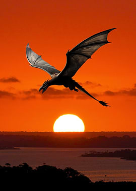 Dragon flying at sunset