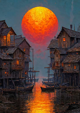 Wooden Stilt Village Sunset Painting