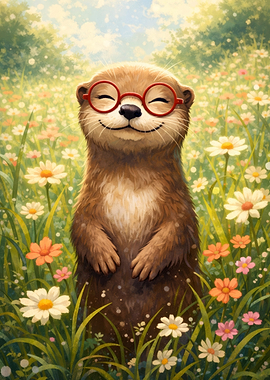 Cute Otter in a Field of Flowers