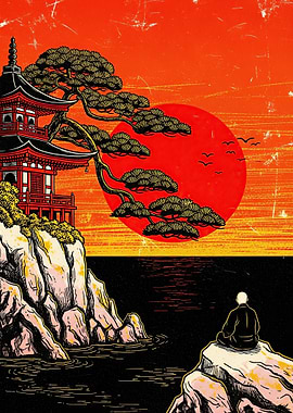 Zen Monk Meditating by Japanese Pagoda at Sunset