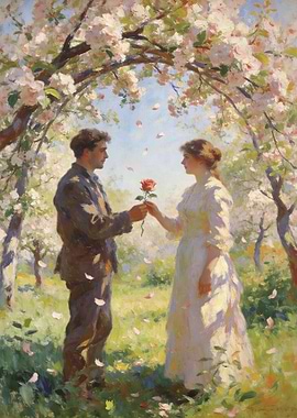 Couple exchanging a rose under a floral arch