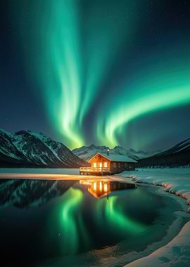 Aurora Borealis Over Snowy Mountains