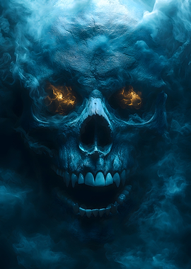 Scary Blue Skull with Fiery Eyes