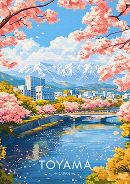 Toyama Japan Cherry Blossoms and Mountains