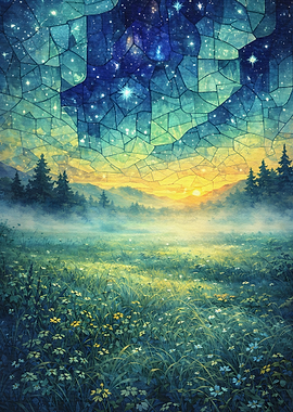 Stained Glass Sky Over Misty Meadow