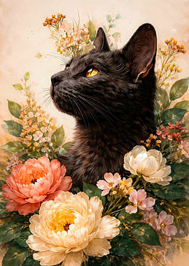Black Cat Surrounded by Flowers