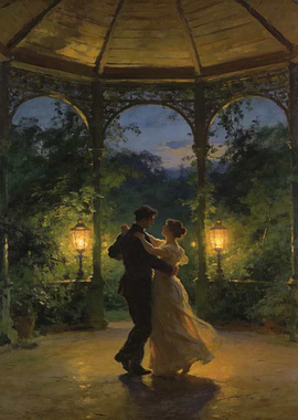 Couple dancing in a gazebo at night